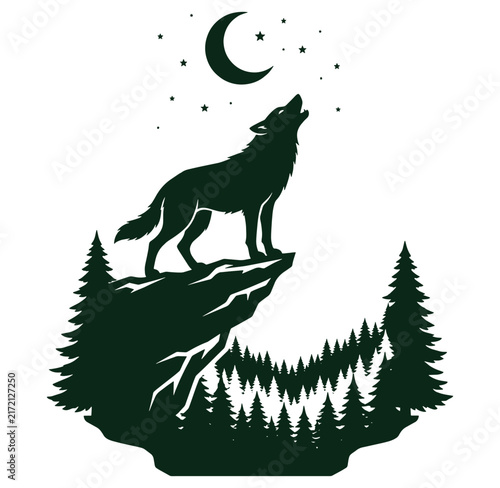 Wolf howling at moon on cliff with pine trees silhouette