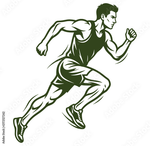 Young man running fast in athletic wear and sneakers sprinting to the right