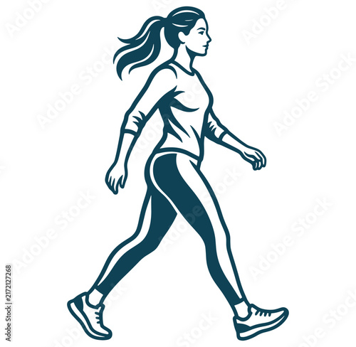 Woman walking in athletic wear with ponytail and sneakers