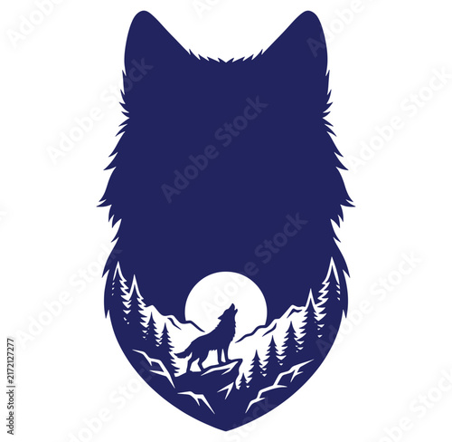 Wolf silhouette howling at moon in forest landscape graphic design element