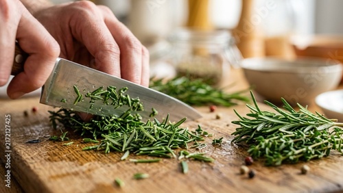 Chef Chopping Fresh Rosemary Herb on Wooden Cutting Board