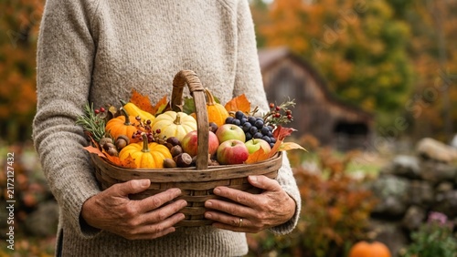 Woman Holding A Harvest Basket With Fresh Autumn Fruits And Pumpkins