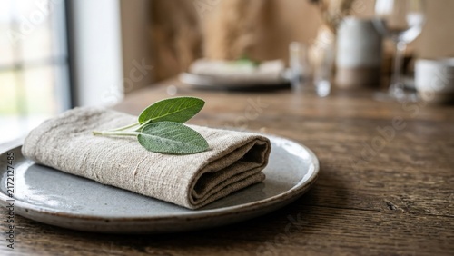 Rustic table setting with a linen napkin and fresh sage leaf on a ceramic plate