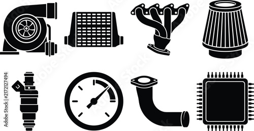 Photography Turbocharger and Performance Parts Icon Set Black Silhouette Vector Illustration