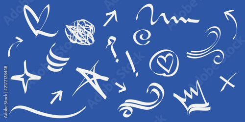 Hand drawn set of doodle emphasis elements. sparkling, wind, star, love, arrow. isolated on blue background. vector illustration