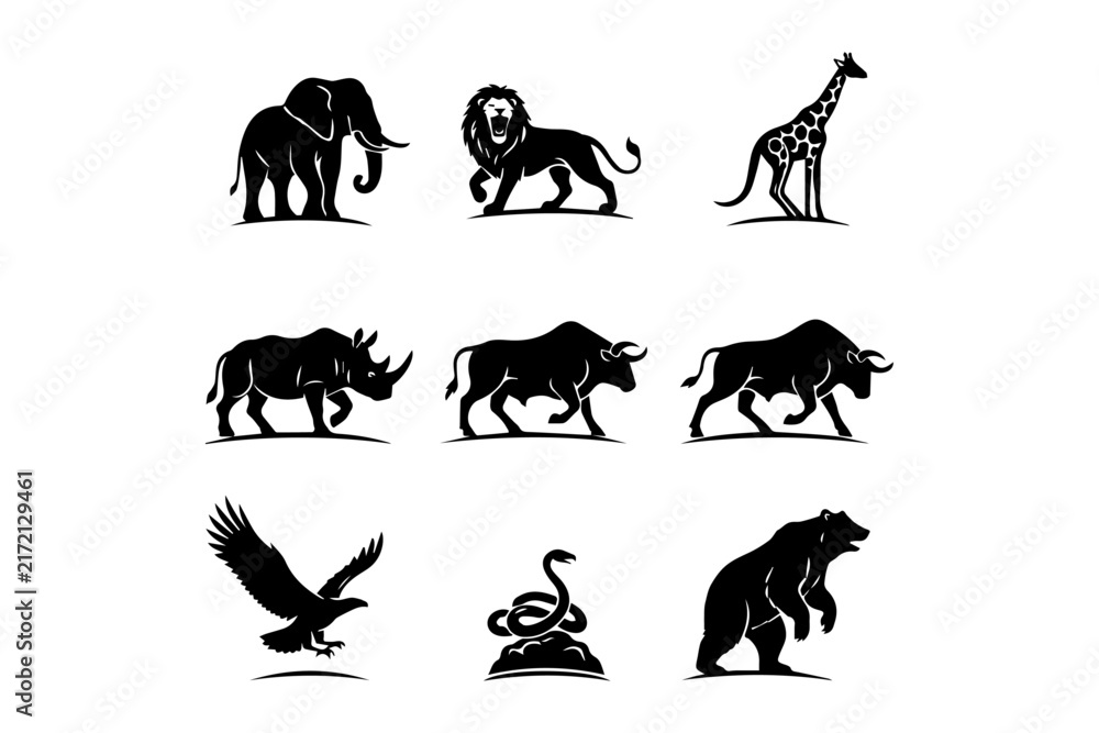 Obraz premium Animals silhouette collection featuring various wild creatures in black vector style isolated on white background.