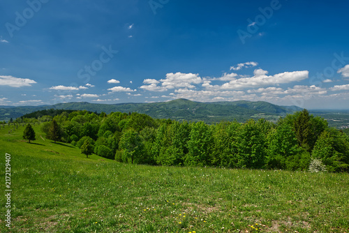 View near Zvonicka sv. Isidora in Slezske Beskydy mountains above Hradek village in Czech republic