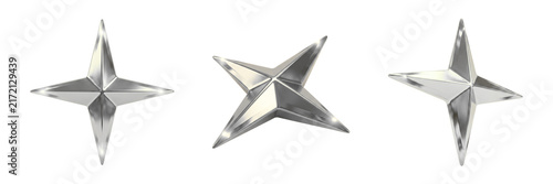 фотографія Metallic silver stars set, 3D chrome star icons, shiny steel decorative elements