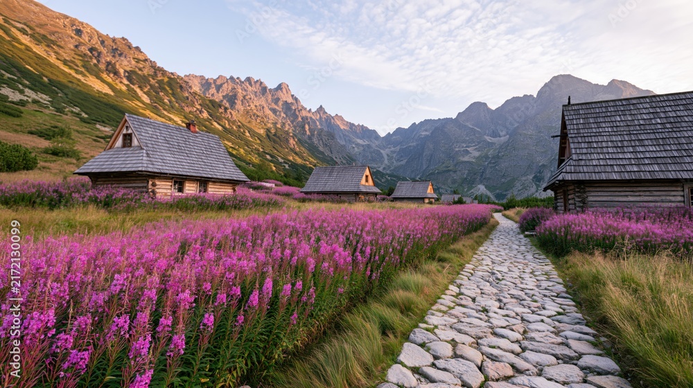 Fototapeta premium The Stone Path Through Alpine Village Toward Peaks and Purple Fields