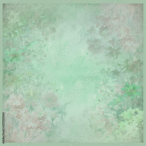 Abstract Geometric Digital Background: Vintage Shabby Chic Botanical Garden Pattern with Soft Watercolor Wildflowers, Flying Birds, and Aged Parchment Texture Green