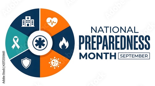 National preparedness month illustration features various safety icons arranged inside a circular design with clear and prominent textual elements included
