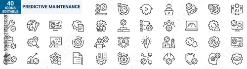 Set of 40 predictive maintenance outline icons. Linear vector icon collection featuring equipment monitoring, machine diagnostics, condition monitoring, failure prediction, industrial sensors. Editabl
