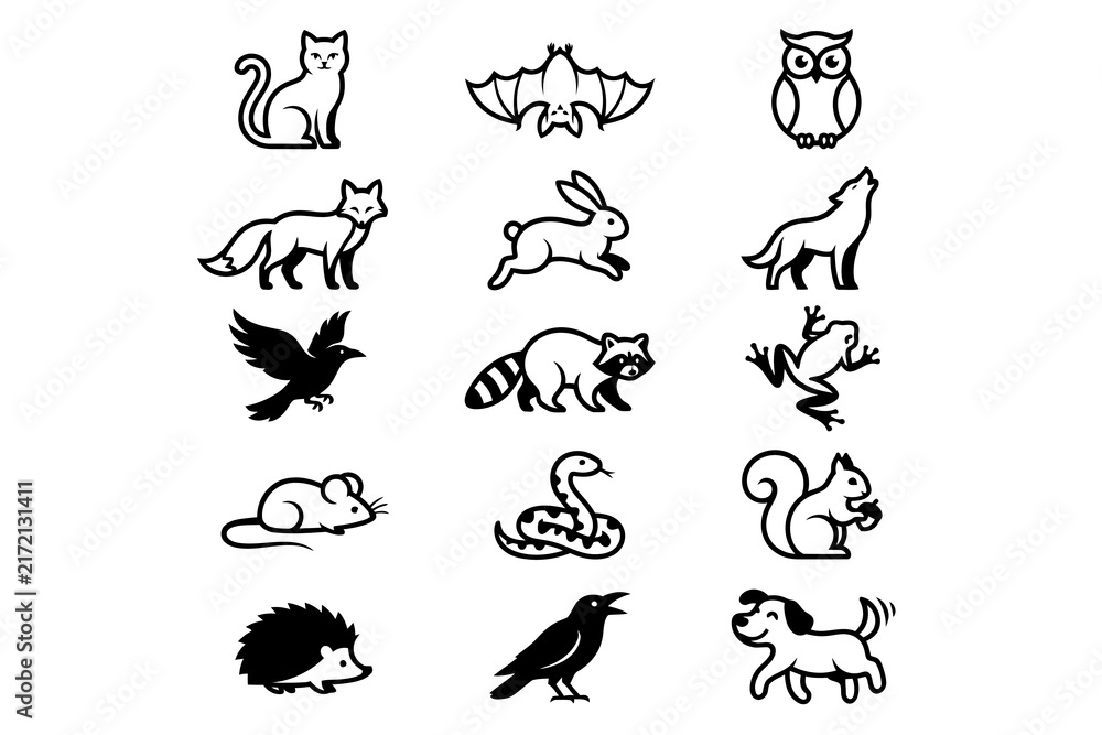 Fototapeta premium Collection of hand drawn animal sketches featuring various woodland creatures and pets in a simple line art style