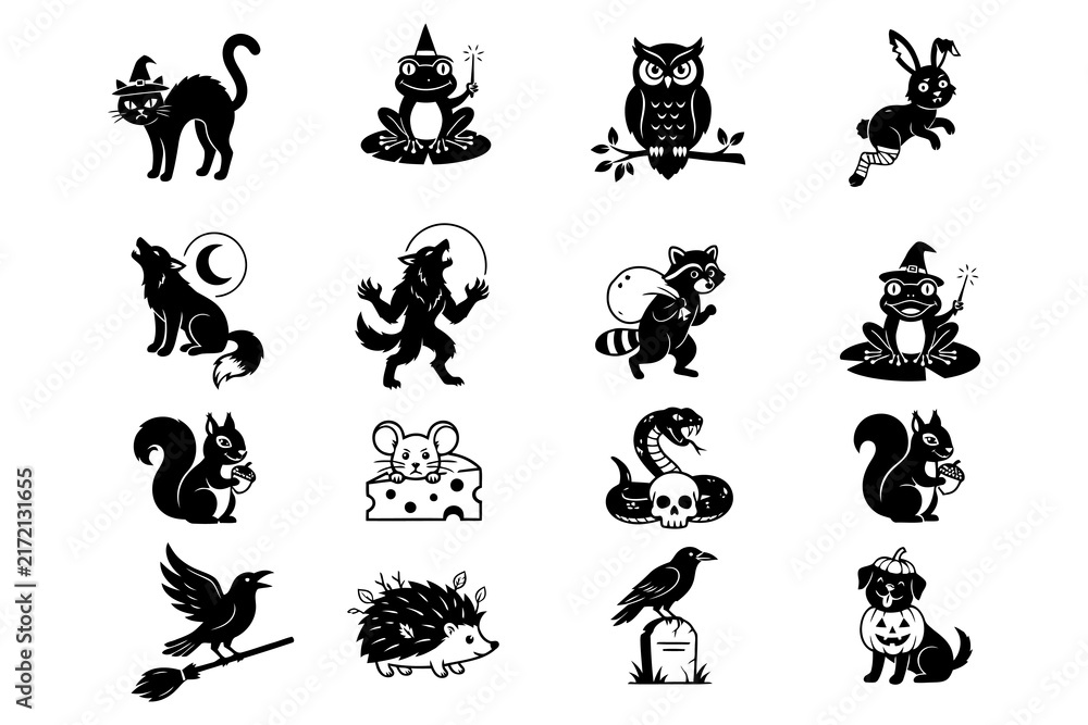 Fototapeta premium Set of black and white halloween themed animal silhouettes featuring cats owls rabbits and spooky creatures