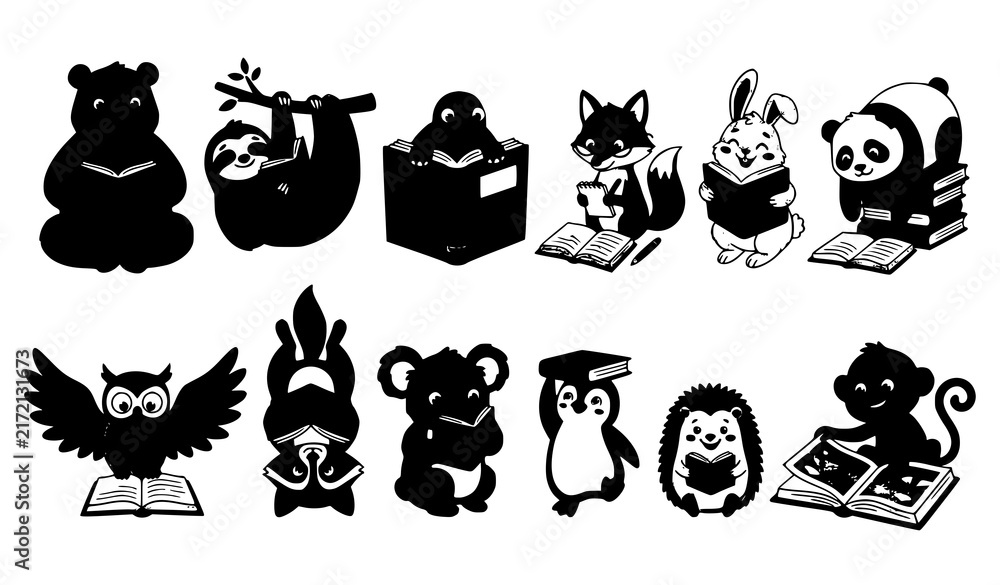 Fototapeta premium Funny Animal Book Lovers Reading and Education Cartoon Vector Characters