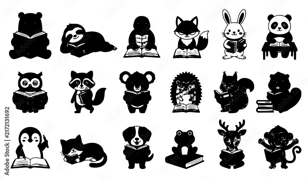 Naklejka premium Cute Animal Characters Reading Studying and Learning Cartoon Vector Collection