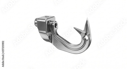 Macro of a hardened steel industrial overlock sewing machine looper arm. Polished micro-machined garment manufacturing hardware on white.