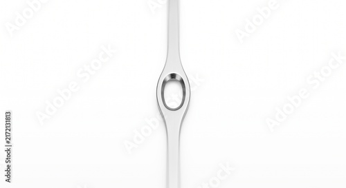 Macro of a polished steel weaving loom heald wire central eye. Micro-machined textile manufacturing hardware isolated on white background.