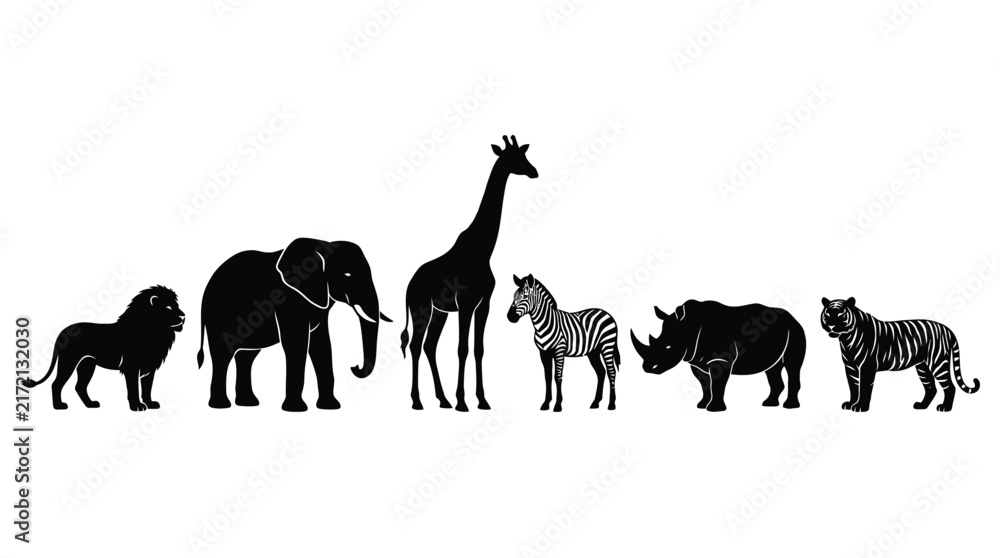 Fototapeta premium Wildlife silhouettes lined up horizontally against a plain white background.