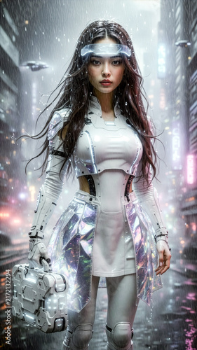 Futuristic Female Android Soldier in Tactical Rain Gear, Cyberpunk City Background, Sci-Fi Concept Art