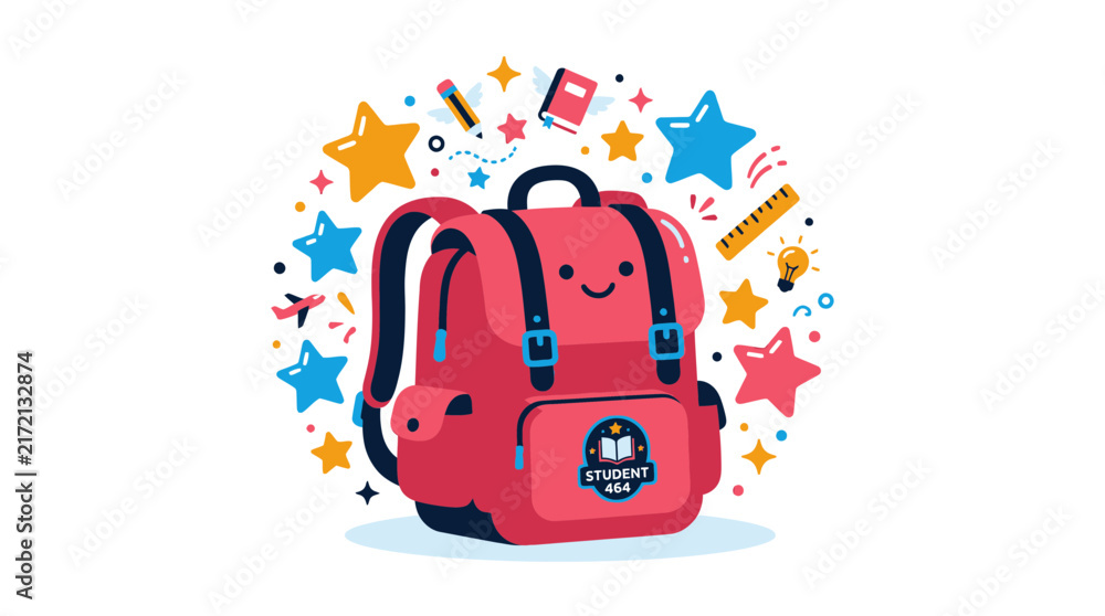 Fototapeta premium Cute Backpack with School Supplies and Stars