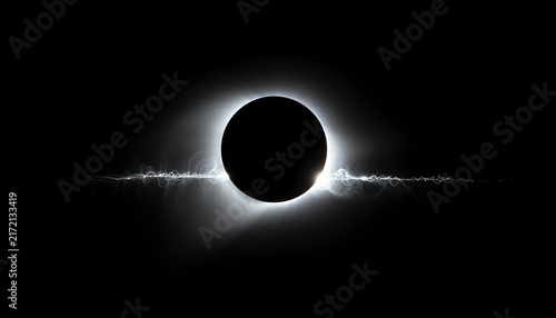 Eclipse corona glowing cosmic energy, dramatic solar scene with minimal dark background and radiant light, perfect for science, technology, or educational themes.