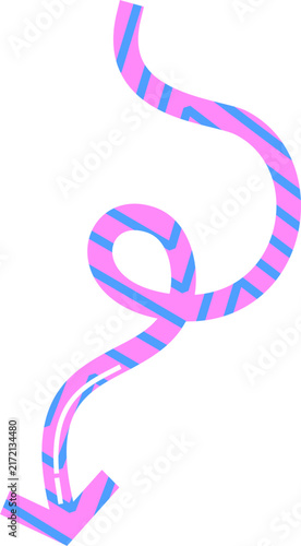 A whimsical pink and blue striped arrow curves downwards, suggesting direction and movement in a playful design