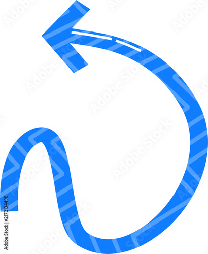 A blue graphic design arrow with a dashed white outline, curving upwards and to the left, suitable for digital or print media