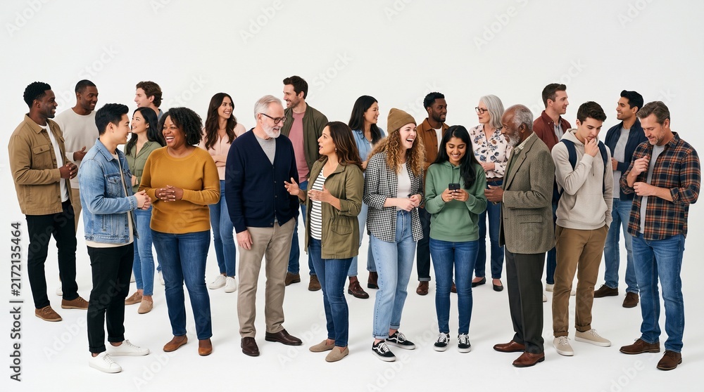 Obraz premium Diverse group of people standing together and interacting, isolated on white background