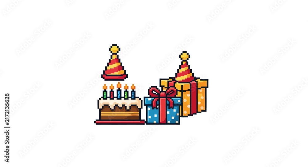 Fototapeta premium Colorful birthday cake and gifts.