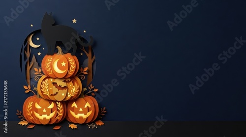 Halloween pumpkins with black cat silhouette in paper cut art 3D render