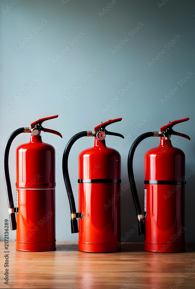 Obraz premium Fire safety and emergency preparedness, three red fire extinguishers lined up on a wooden surface for building protection and workplace hazard prevention