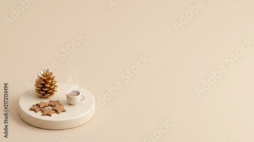 Minimalist Festive Mockup with Small Mug Pine Cone and Cookies on Round Pedestal