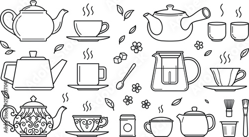Tea Time Line Art Icon Set with Teapots Cups Matcha Whisk and Leaves for Cafe Menus Branding Kitchen Decor and Coloring Pages