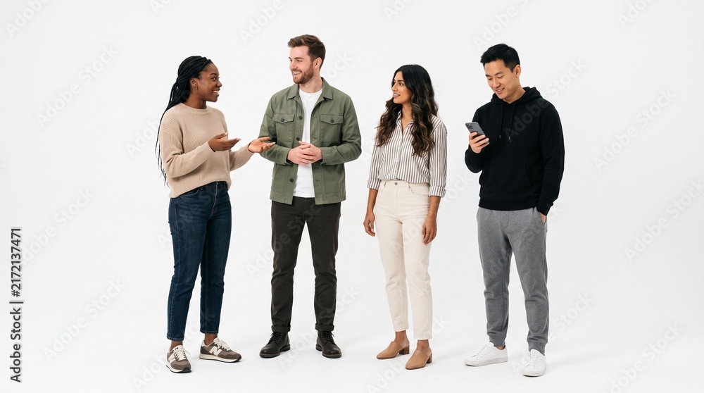 Obraz premium Group of diverse young adults standing and talking together isolated on white background