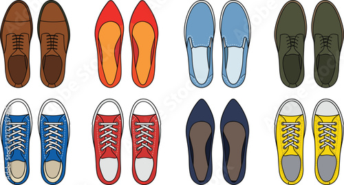 Top View Shoes Vector Set with Casual Sneakers, Elegant High Heels, Classic Oxfords, Loafers, and Colorful Footwear for Fashion Design Concepts