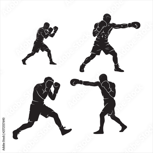 Boxing silhouette vector set, professional boxer athlete poses, black martial arts fighter icons for gym and sports branding