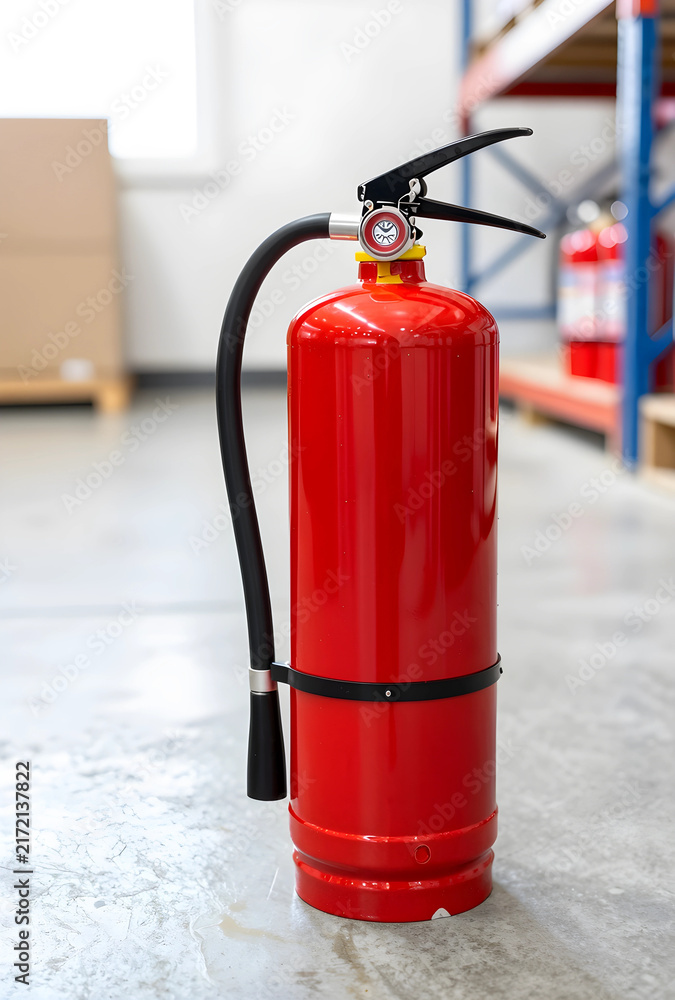 Obraz premium Fire safety and workplace compliance, red fire extinguisher standing in a warehouse for emergency preparedness and industrial hazard prevention protocols