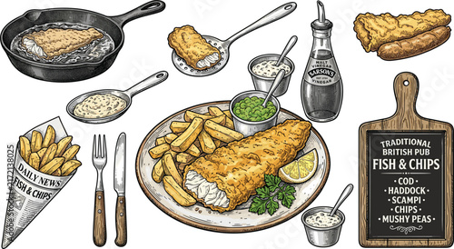 Traditional British Fish and Chips Culinary Preparation Process Vector Set with Vintage Engraved Illustration of Chef Deep Frying, Making Batter, and Plated Seafood Meals