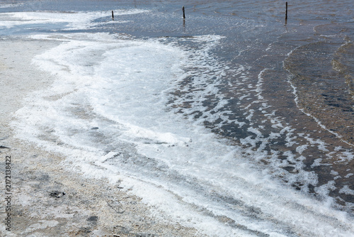 Принти на полотні Salt crystals forming on dry lake shore with water