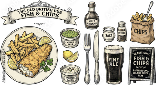 Traditional British Pub Fish and Chips Food Vector Set with Vintage Engraved Illustration of Battered Cod, Mushy Peas, Ale Beer, and Chalkboard Menu