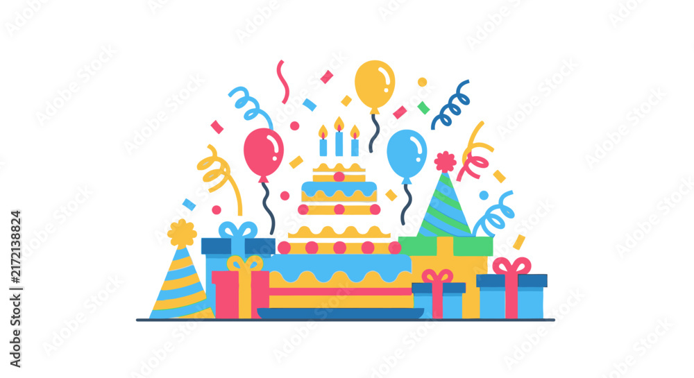 Fototapeta premium Colorful Birthday Cake with Gifts.