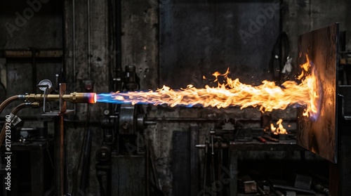 Industrial furnace with a powerful gas torch producing a bright flame at a metal surface