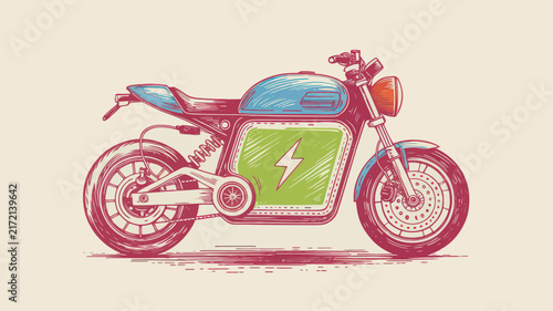 Fotografie Vintage electric motorcycle vector illustration, retro cafe racer with battery l
