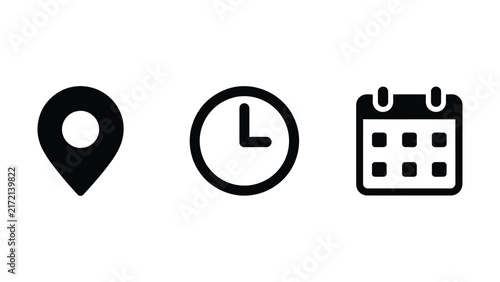 Simple icons representing location time and calendar useful for scheduling appointments planning events and tracking dates on a white background