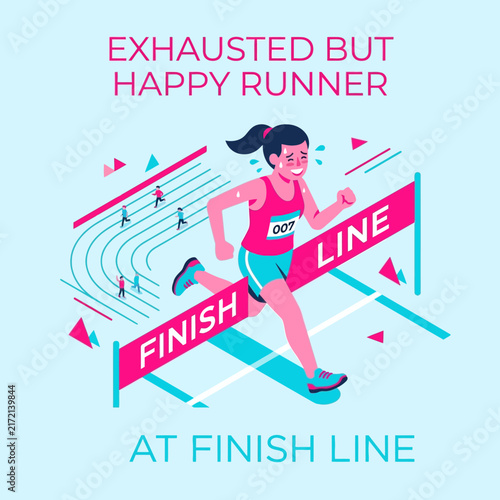 Exhausted But Happy Runner Crossing Finish Line In A Race