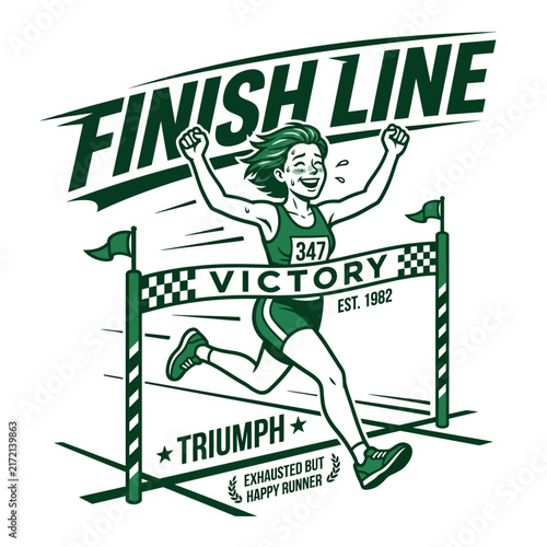 Exhausted But Happy Runner Crossing Finish Line Victorious Triumph Establishes Personal Best