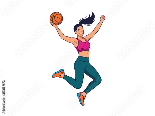 Energetic Woman With Basketball Celebrates Victory In Mid-Air Jump