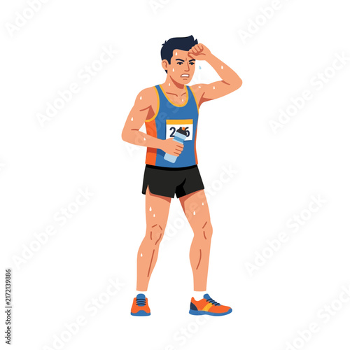 Exhausted Runner Hydrating After Intense Marathon Competition Victory Celebration