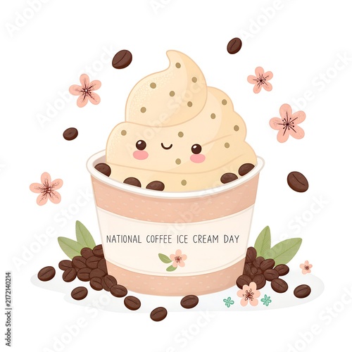 National Coffee Ice Cream Day with Coffee Ice Cream Sundae and Floral Elements